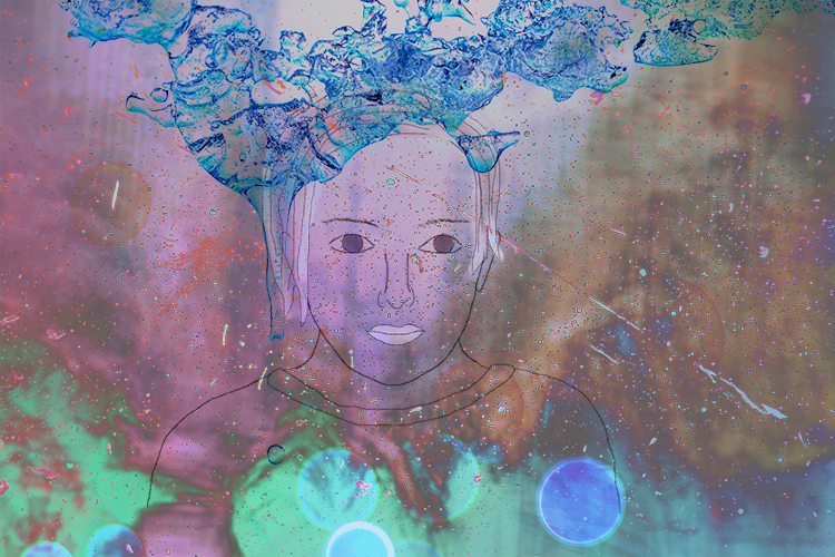 Portrait dessiné d'une jeune femme qui regarde vers l'avant. Arrière-plan abstrait qui évoque l'espace.
